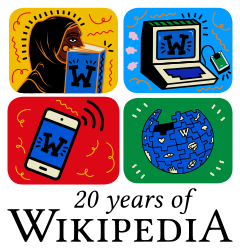 A four panel image with a woman reading a book, a computer, a cell phone, and the wikipedia globe above the text "20 years of Wikipedia"