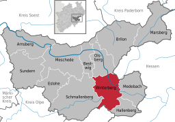 Läget för staden Winterberg, Tyskland i Hochsauerlandkreis