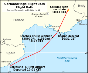 A map of the Mediterranean Sea, off the cost of Spain and France, with a red line connecting Barcelona on the left to a crash mark in the upper right, just north of the French coastline