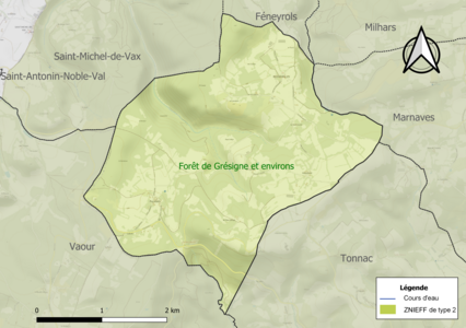 Carte de la ZNIEFF de type 2 sur la commune.