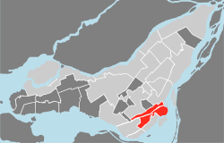 Location on the Island of Montreal. (Dark grey areas indicate demerged municipalities).