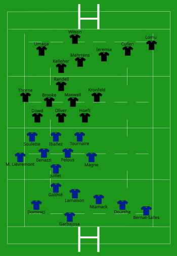 Dessin numérique. Composition des deux équipes de rugby à XV (la Nouvelle-Zélande par des maillots noirs ; la France par des maillots bleus à col blanc) représentées sur un terrain de rugby vert.