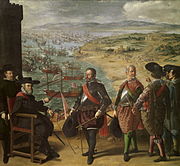 弗朗西斯柯·德·祖巴蘭的《加的斯的防守（西班牙语：Defensa de Cádiz contra los ingleses）》，302 × 323cm，約繪於1634年，專為腓力四世所作，來自布恩·麗池宮（英语：Buen Retiro Palace）的君王大廳[61]