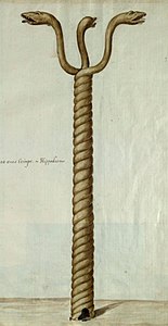 Dessin représentant une colonne torsadée qui se termine au sommet par trois têtes de serpent