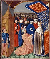 Illustration en couleurs d'un homme prêtant hommage à un roi.
