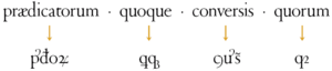 Abreviaciones latinas “praedicatorum” (“ꝕᵭoꝝ”), “quoque” (“ꝗqꝫ”), “conversis” (“ꝯꝟs̃”, “ꝯưs̃”), “quorum” (“qꝝ”, “qꝛ”)