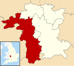 Malvern Hills shown within Worcestershire and England