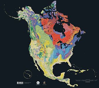 Varying age of bedrock underlying North America at Geography of North America, by United States Geological Survey