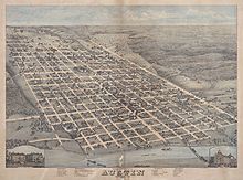 Aerial map of Downtown Austin in 1873