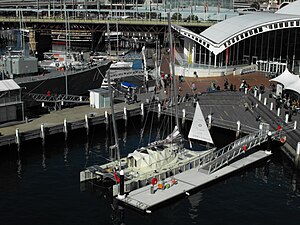Plastiki on display at the Australian National Maritime Museum following her Pacific crossing