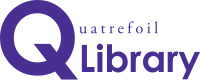 The 'Q' in Quatrefoil is big and purple; the rest of the word—which is rendered in black, serif type—is only about one-sixth the height of the 'Q'. It extends to the right; its baseline is above the midline of the 'Q'. The word 'Library' in sans serif is also to the right of the Q, and beneath the rest of the word 'Quatrefoil'. It is in the same purple sans-serif type as the capital 'Q', but less than half the height.