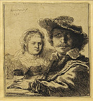 B19, Self-portrait with Saskia, etching, 1636, one of the "official" etched self-portraits.[33]
