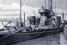 Austro-Hungarian river monitor SMS Bodrog on the river Danube in 1914