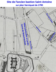 Site de l'ancien bastion avec l'hôtel et le jardin de Beaumarchais sur plan Verniquet de 1790