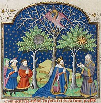 The Dry Tree with the Phoenix, flanked by the Trees of the Sun and the Moon. Rouen 1444-1445