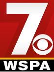 A large red rectangle with a yellow-orange border on the bottom, inside the rectangle is a large numerical 7 with the CBS eye logo at the bottom right, both in white; underneath the yellow-orange border is a black box with "WSPA" in a white serif font.