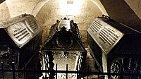 Elaborate zinc coffins in the ducal burial vault of St. Mary's Lutheran Church in Wolfenbüttel, Germany.