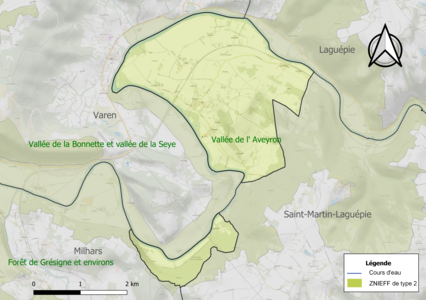 Carte de la ZNIEFF de type 2 sur la commune.