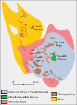 Diagram showing the locations of rock outcrops and the inferred maximum extent of a geological formation.