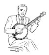 A line drawing of a smiling man playing a banjo