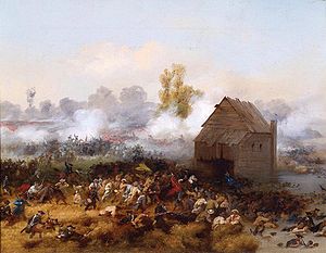 לורד סטירלינג מוביל מתקפה נגד הבריטים על מנת לאפשר את הנסיגה של חיילים נוספים, בקרב לונג איילנד, 1776. צויר על ידי אלונזו קאפל, 1858.