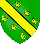 Dessin en couleurs d'un blason sur fond vert, barré d'une bande jaune diagonale et orné de 6 silhouettes d'oiseaux.