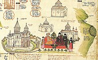 Ararat depicted vertically (right) on a 1691 map by Eremya Çelebi along with Etchmiadzin Cathedral and other churches of Vagharshapat.[184]