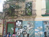 Detail of the facade with graffiti