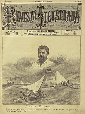 Cover of issue No. 376, 1884, depicting Francisco Nascimento with the caption: At the head of the Ceará raftsmen, Nascimento prevents the traffic of slaves from the province of Ceará to be sold on the south.
