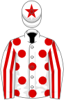 White, red spots, striped sleeves and star on cap