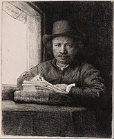 B22, Self Portrait Drawing at a Window, 1648, 5 states. He is drawing on an etching plate, making this the least posed self-portrait etching. In state iv, a landscape is added outside.[46] The last etching but for two sketches, and one of the "official" etched self-portraits.[33]