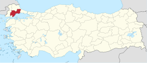 Tekirdağ highlighted in red on a beige political map of Turkeym