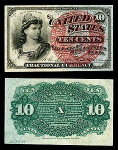 Fourth issue of the ten-cent fractional currency depicting the Bust of Liberty, by the United States Department of the Treasury