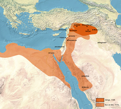 The Zengid state under Imad al-Din in 1145, and expansion under Nur al-Din in 1174 CE.[1]