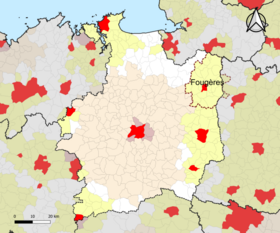 Localisation de l'aire d'attraction de Fougères dans le département d'Ille-et-Vilaine.