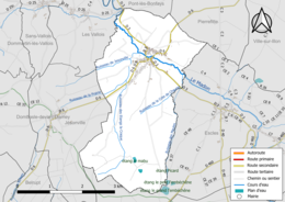 Carte en couleur présentant le réseau hydrographique de la commune