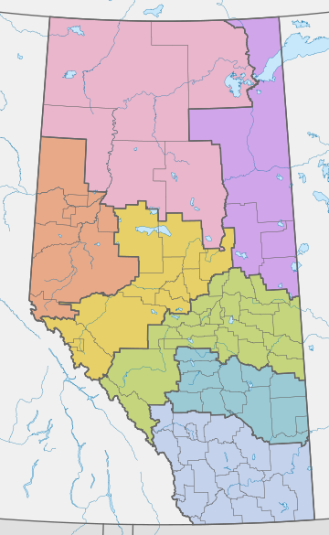 Map of Alberta, Canada, divided into seven land-use framework regions.