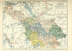 Barony map of County Cavan, 1900; Clankee is in the east, coloured turquoise.