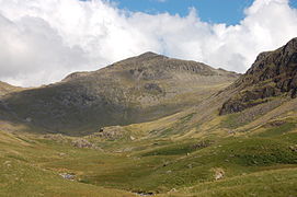 The pyramid shape of Bowfell viewed from Lingcove
