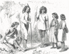 Black and white drawing of five Native American men, women and children in a mix of native and western dress