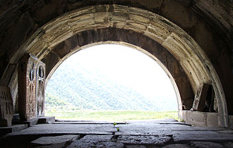 Haghpat, looking from inside out; note cross stones or khachkar's on left and right