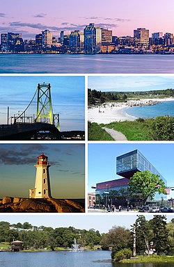 From top, left to right: Downtown Halifax skyline, Macdonald Bridge, Crystal Crescent Beach, Peggy's Cove, Central Library, Sullivan's Pond