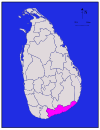 Area map of Hambantota District, lying along the coast from south to south east, in the Southern Province of Sri Lanka