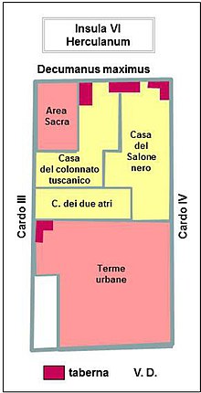 plan, ilot rectangulaire, logements en jaune, parties publiques en rose et rouge