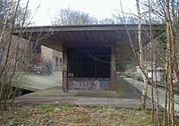 A brick building missing windows, projecting canopy and graffiti. Tree saplings and vegetation grow from the platform surface.