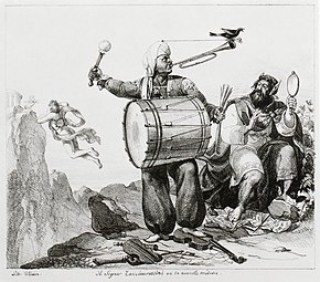 caricature of man in Turkish dress, carrying and banging a large drum