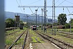 Greek diesel locomotive that brought train 360 Thessaloníki–Sofia from Strymonas returns to Greece after uncoupling, June 2016