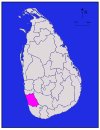 Area map of Kalutara District, extending inwards from the south west by west coast, in the Western Province of Sri Lanka