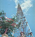 The final section of the Warsaw radio mast (in foreground) is decorated and ready to raise