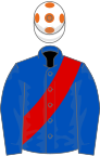 Royal blue, red sash, white cap, orange spots